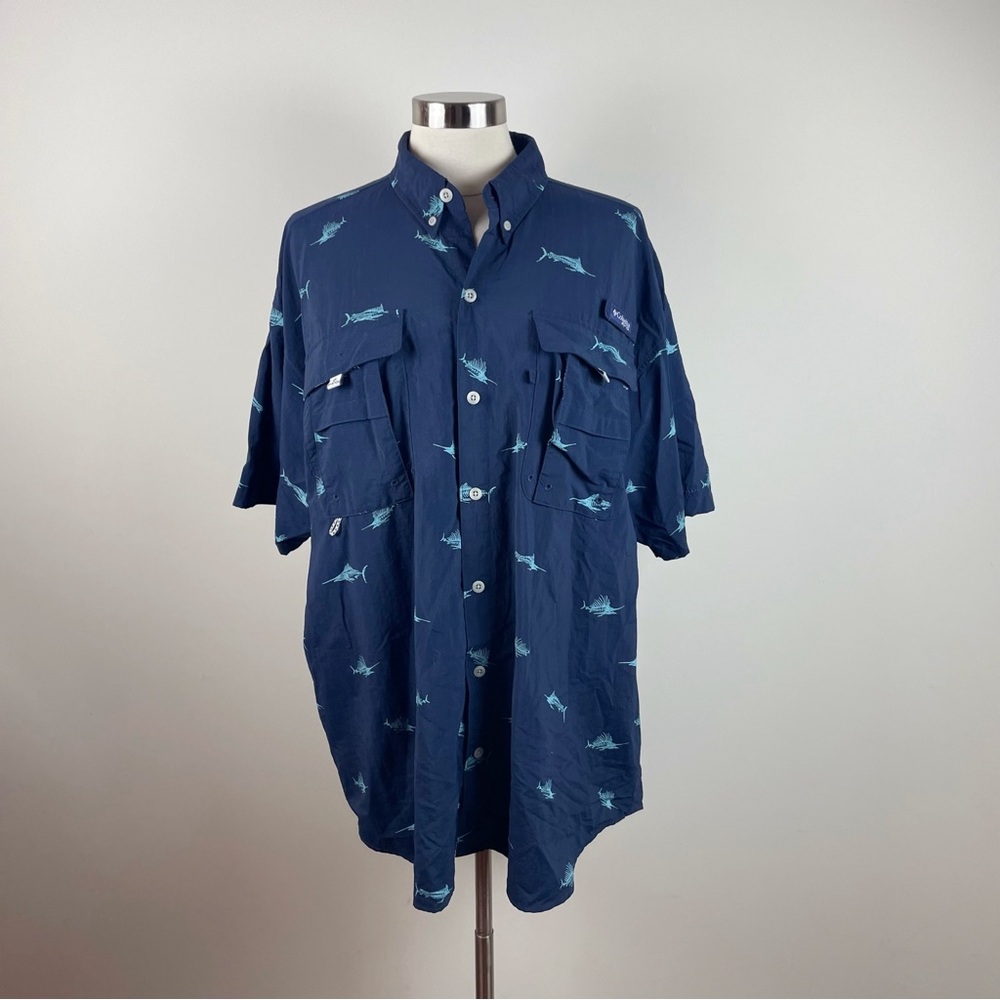 Columbia Super Bahama Fish Navy Blue Button Down Short Sleeve Top Men Fishing